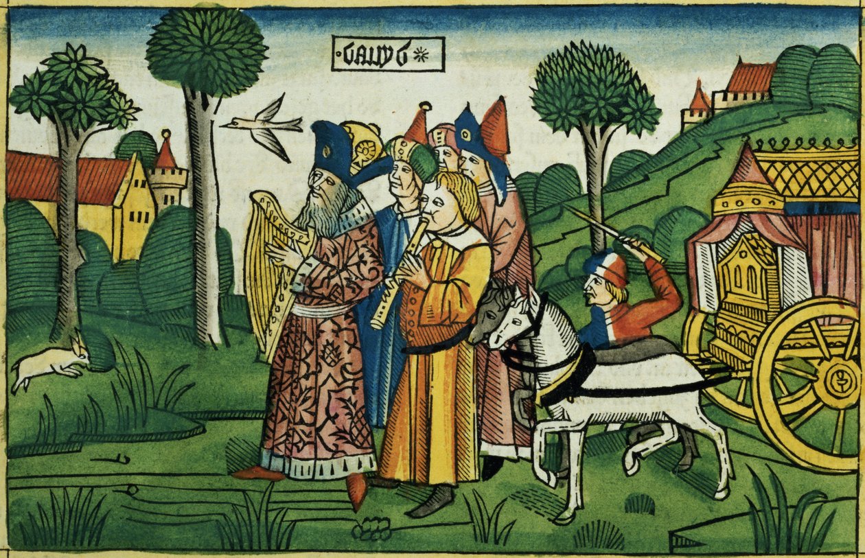 2 صموئيل 6 1-5 داود يجلب الفلك إلى القدس ، من الكتاب المقدس نورمبرغ (Biblia Sacra Germanaica) (قطع خشبية ملونة) بواسطة المدرسة الألمانية