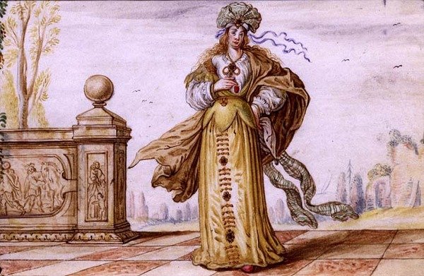 امرأة مجسمة مرصعة بالجواهر على شرفة ، حوالي عام 1640 (غواش على ورق) بواسطة المدرسة الألمانية
