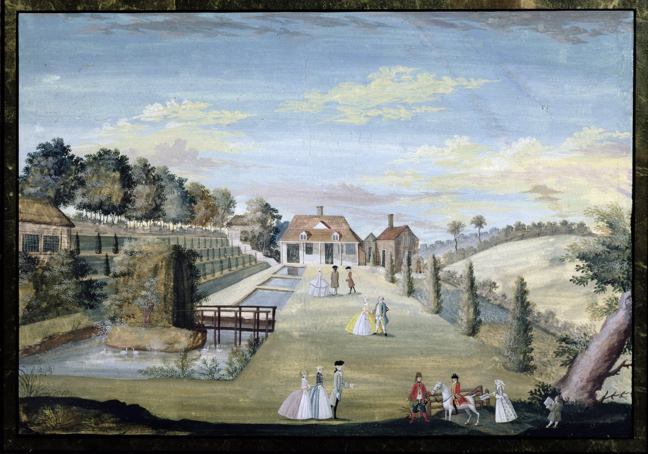 حديقة مائية رسمية مع تراسات وأبواب مياه وشخصيات متعرجة ، c.1730 بواسطة المدرسة الألمانية