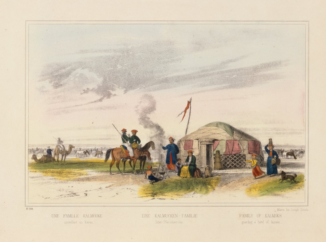A Kalmyk (غرب المنغولية) خيول رعي العائلة ، ورقة عريضة مصورة نشرها جوزيف شولز ، ماينز ، c.1860 بواسطة المدرسة الألمانية
