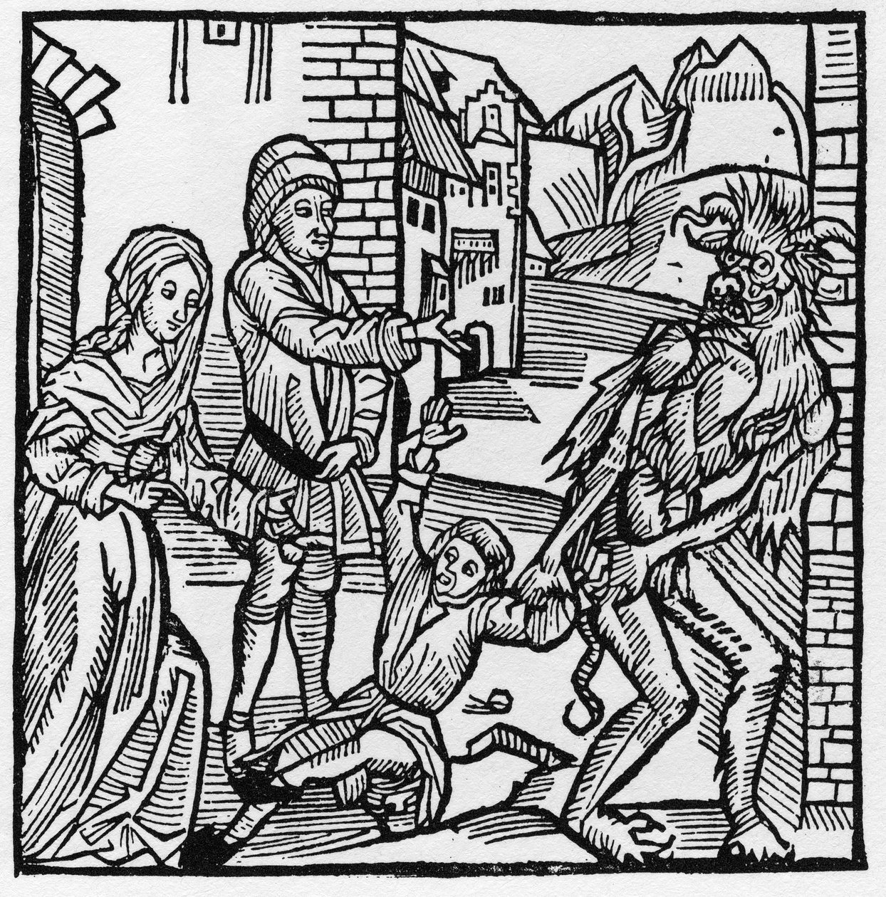 شيطان يأخذ الطفل أمام أعين والديه الذين وعدوه بموجب ميثاق - في "Der Ritter von Turn" لـ Knight Marquard vom Stein بواسطة المدرسة الألمانية