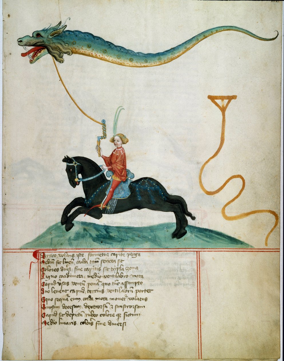 A knight holding a dragon flying deer Manuscript page of the German school of the 15th century. 1405 Gottingen, library of the University بواسطة المدرسة الألمانية