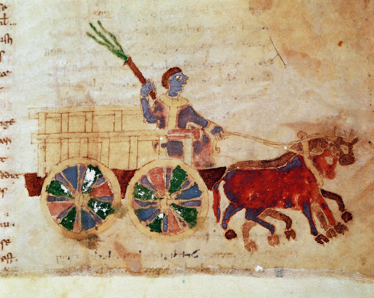 فلاح على عربة منمنمة من مخطوطة "" De Universo "(أو De rerum naturis (عن طبيعة الأشياء)) (كود 132) لرابانوس موروس ماجننتيوس (أو رابان مور أو رابانو ماورو) (حوالي 780-856 ). القرن التاسع. أرشيف دير مونتي كاسينو (جبل كاس بواسطة المدرسة الألمانية
