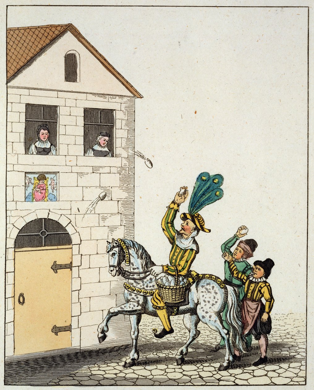 رقصة مستديرة في ساحة المدينة الرئيسية ، من جمارك Old Nurembergs و Jester على Piebald Horse Throwing Eggs ، من Old Nurembergs الجمارك والممارسات في الألعاب والأغاني ، أعيد نشرها عام 1831 (اللون بواسطة المدرسة الألمانية