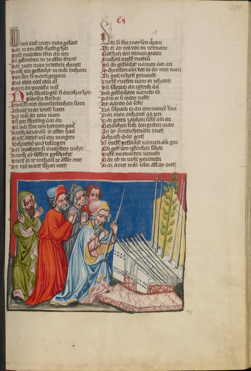 طاقم آرون المزدهر من Weltchronik Ms. 33، fol. 101 ، ق 1400-10 (تمبرا ، طلاء ذهبي وفضي ، حبر على ورق) بواسطة المدرسة الألمانية