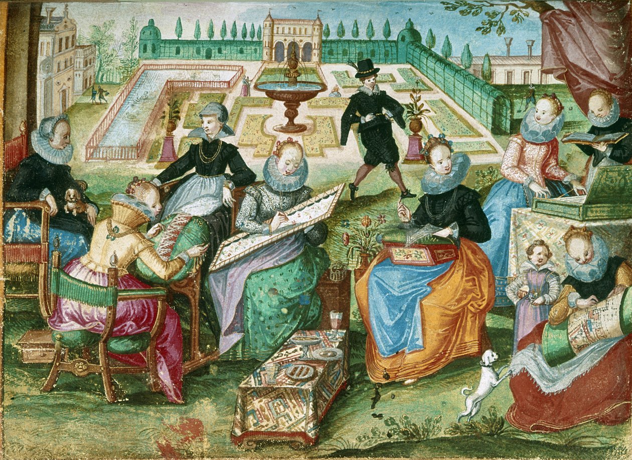 إضافة 7025 صفحة 50 سيدات جالسات على تطريزهن ، من "ألبوم Amicorum of Gervasius Fabricius" (لون ليثو) بواسطة المدرسة الألمانية