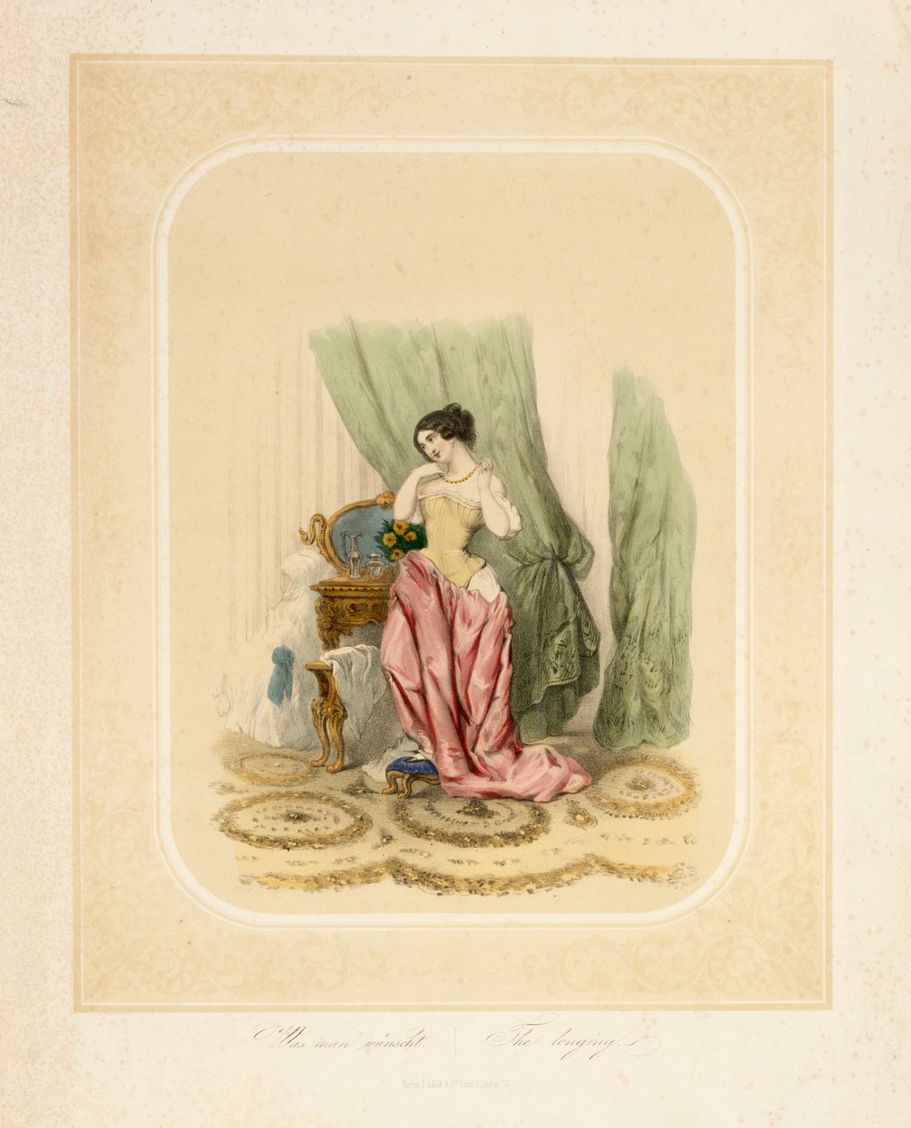 سيدة أنيقة على منضدة تضميدها ، طبعها F. Sala & Co ، برلين ، عام 1850 بواسطة المدرسة الألمانية
