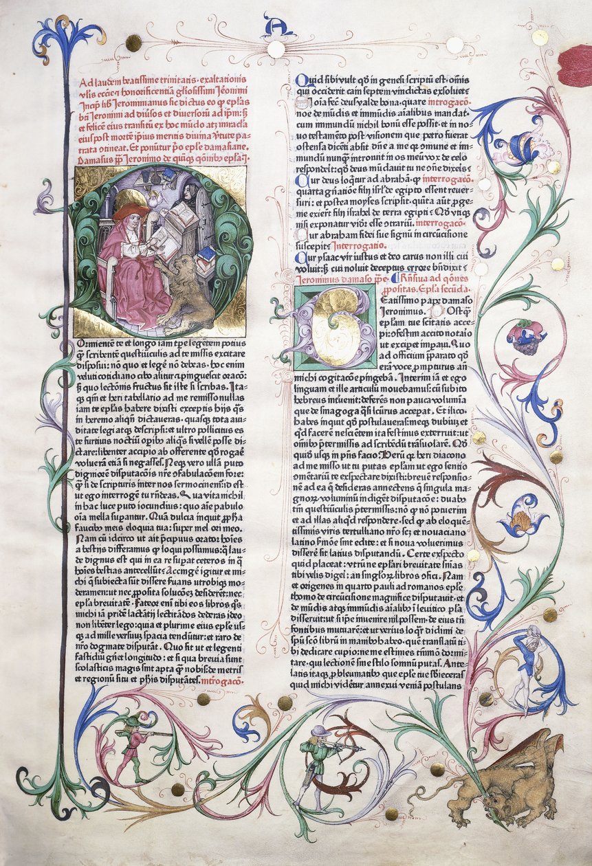 صفحة مضيئة تصور القديس جيروم في مكتبه ، وحدود تضم غريفين هاجمها ثلاثة رجال ، 1470 بواسطة المدرسة الألمانية