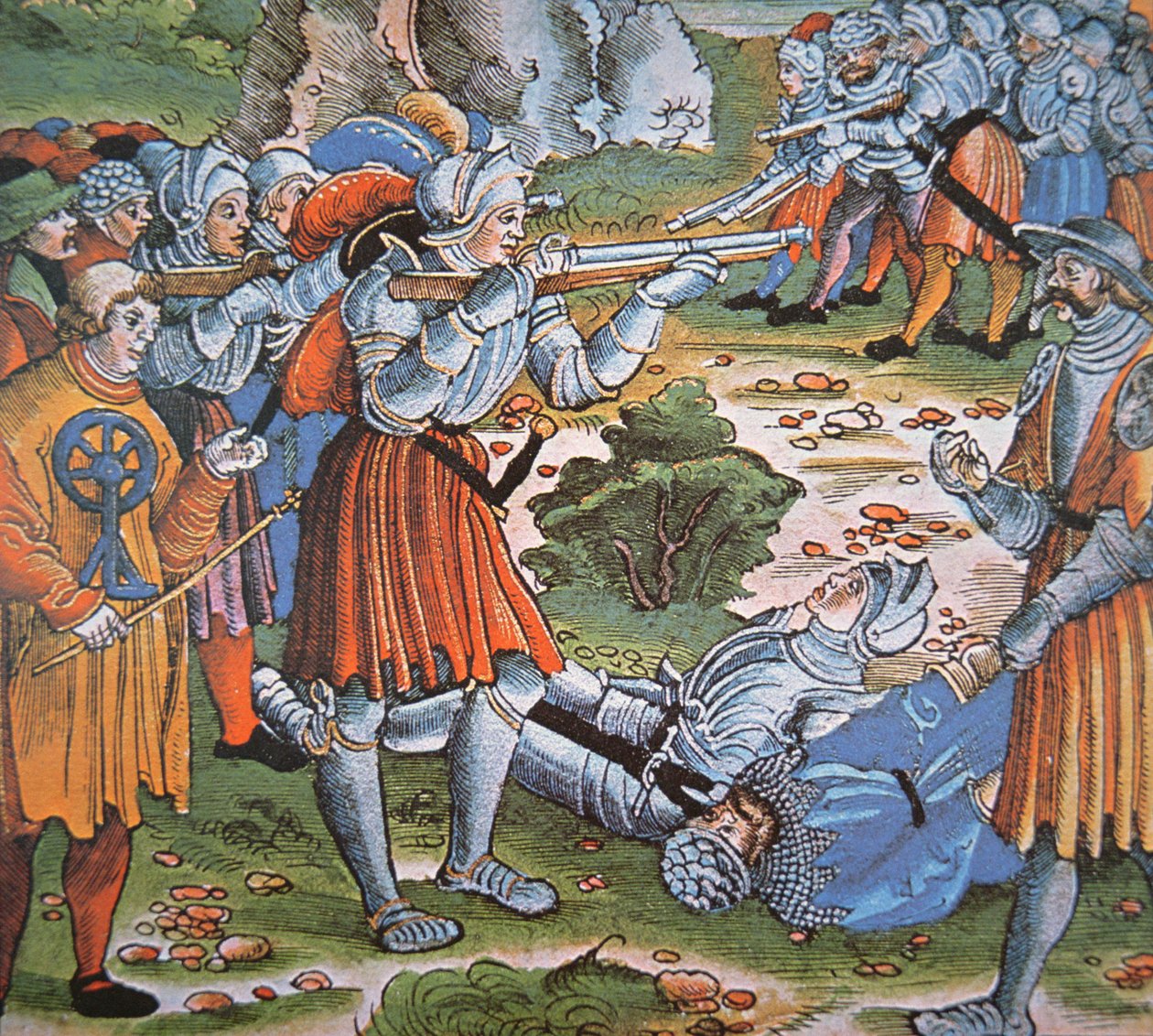 Armoured soldiers firing match-lock Arquebus, late 15th century (hand coloured woodcut) بواسطة المدرسة الألمانية