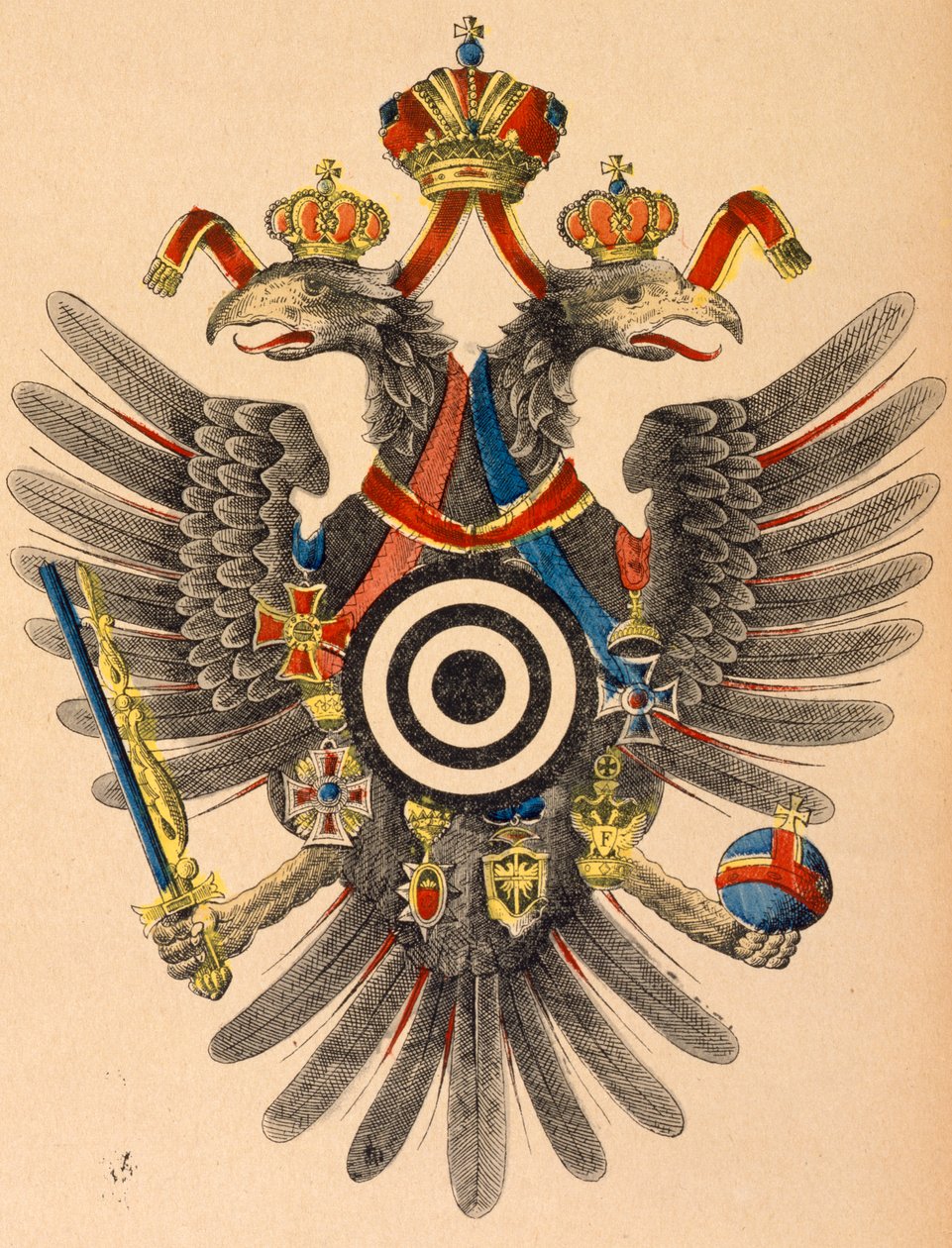 شعار النبالة الإمبراطورية النمساوية المجرية كهدف للرماية ، c. 1865 (قطع خشبية ملونة) بواسطة المدرسة الألمانية