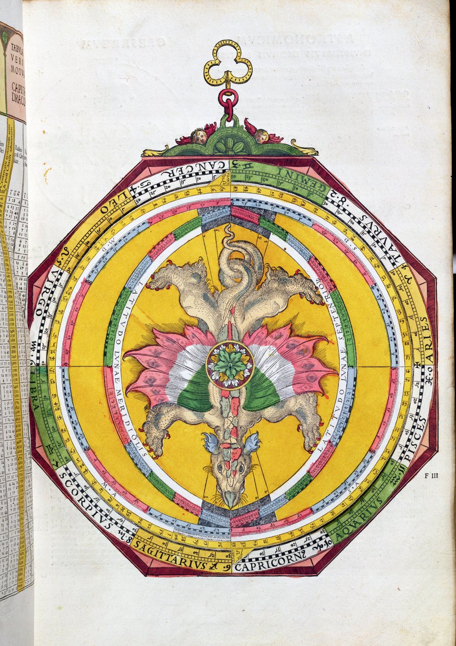BT1.70.2 Volvelleor مع البروج ، التوضيح من Astronimicum Caesareum بواسطة بيتر Apian (Bennewitz) (1495-1552) حانة. في إنغولشتات ، 1540 (قطع خشبية ملونة) بواسطة المدرسة الألمانية