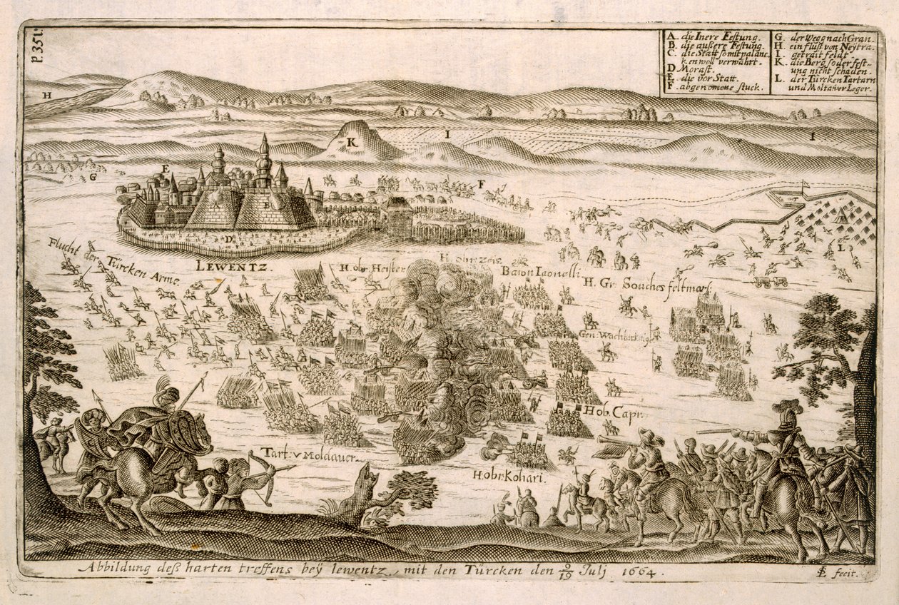 معركة بالقرب من بلدة Levice في 1664 ، توضيح من كتاب عن الحملات العثمانية في أوروبا ، نقشه Paul Furst (c.1605-66) بواسطة المدرسة الألمانية