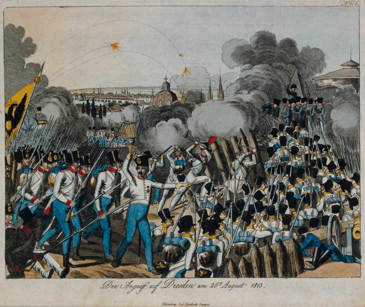 معركة دريسدن خلال حرب التحالف السادس ، 26-27 أغسطس 1813 ، c.1820 بواسطة المدرسة الألمانية