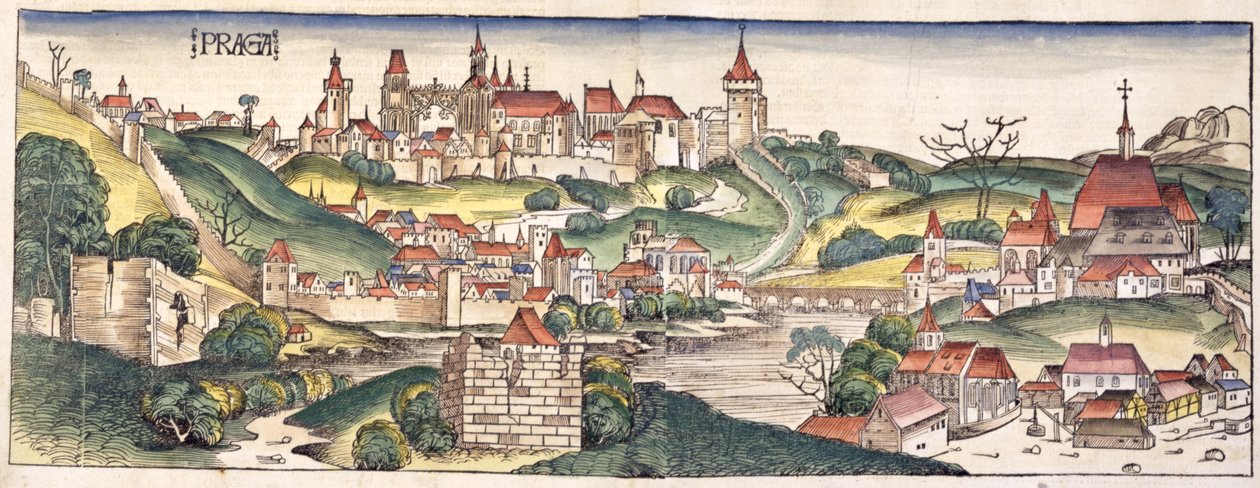 منظر عين الطيور لبراغ من نورنبرغ كرونيكل بقلم هارتمان شيدل (1440-1514) 1493 بواسطة المدرسة الألمانية