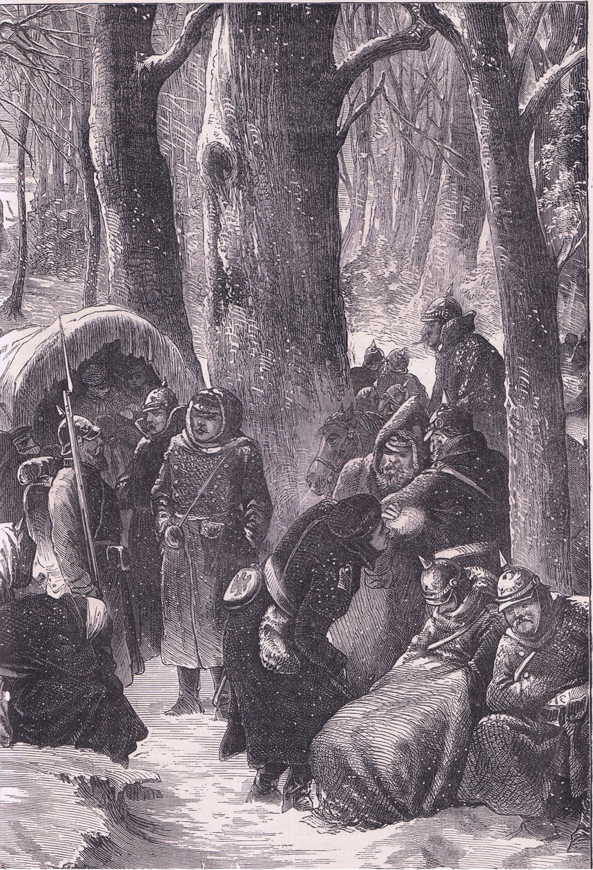 Bivouac in the snow, Cassells History of the War between France and Germany published by Cassell and Company Limited, c.1890 (litho) بواسطة المدرسة الألمانية