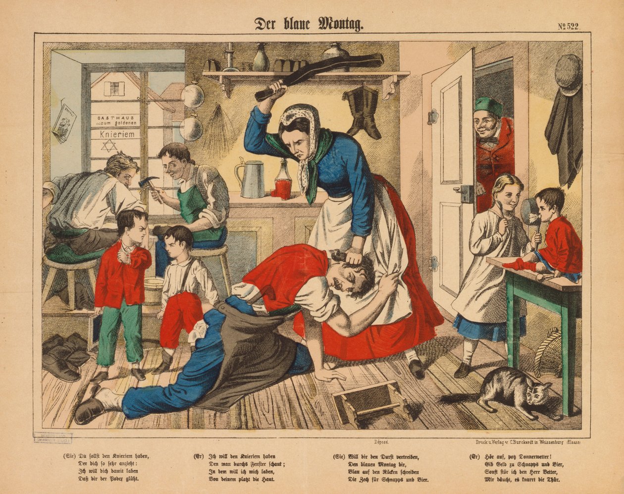 الاثنين الأزرق - زوجة صناع أحذية تضرب زوجها ، ورقة عريضة نشرها C. Burckhardt ، Weissenburg ، c.1850 بواسطة المدرسة الألمانية
