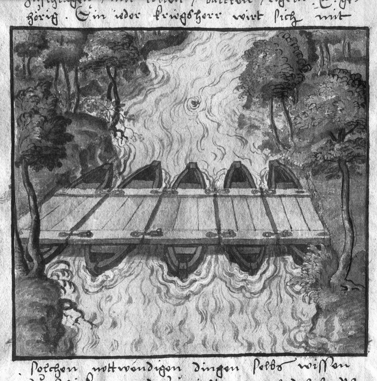 جسر من القوارب ، رسم توضيحي من LArt de lartillerie بواسطة Wolff de Senftenberg ، النصف الثاني من القرن السادس عشر بواسطة المدرسة الألمانية