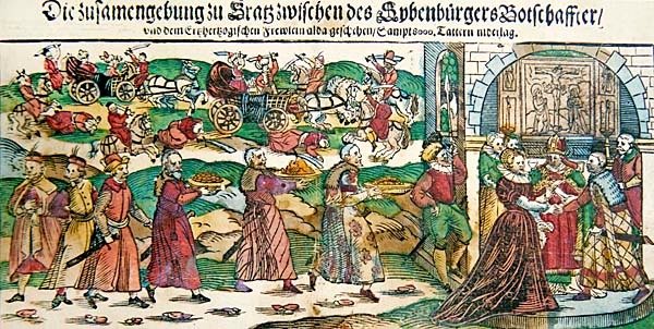 حساب صحيفة عريضة ورسوم توضيحية للزواج بالوكالة في مارس 1595 لأرشيدوقة النمسا ماريا كريستينا مع سفير سيغيسموند باتوري ، أمير سيبنبورغن (ترانسيلفانيا) ومعركة كولوغوريني في أغسطس 1595 ، حوالي 1 بواسطة المدرسة الألمانية