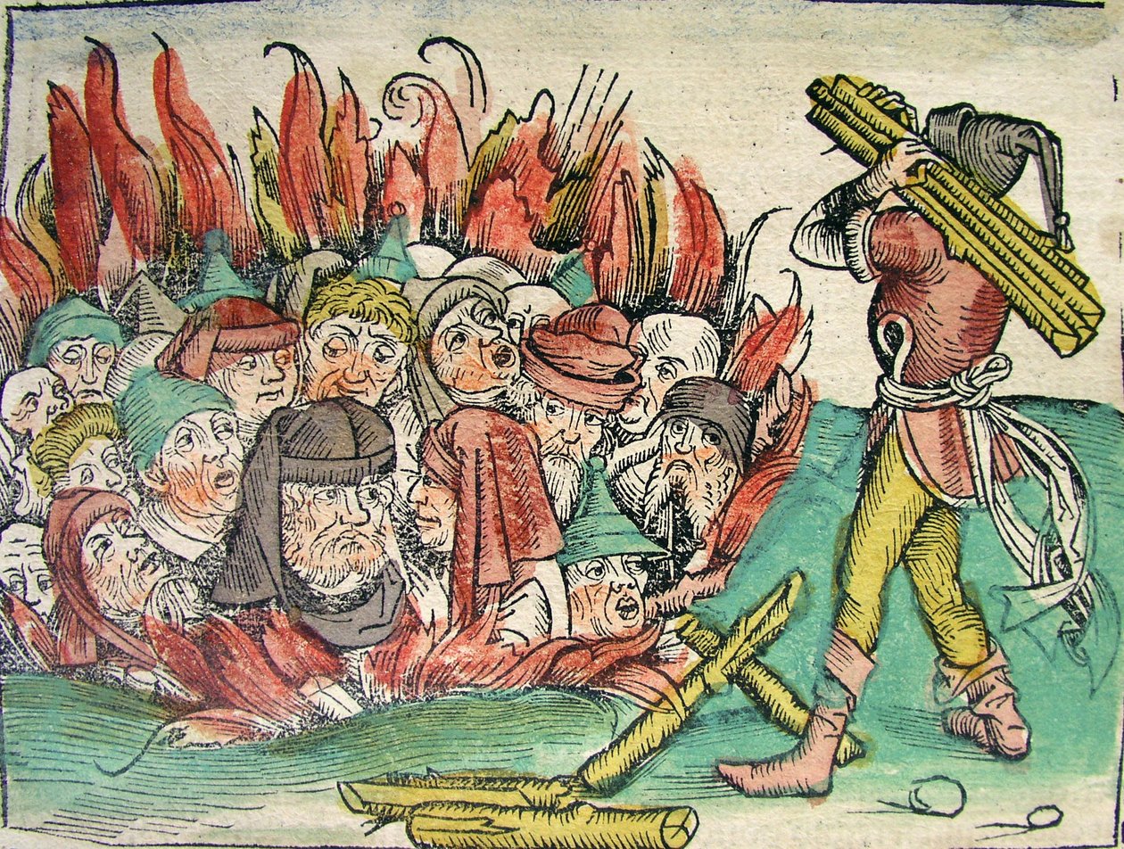 حرق اليهود ، نشر في نورنبرغ كرونيكل ، 1493 بواسطة المدرسة الألمانية