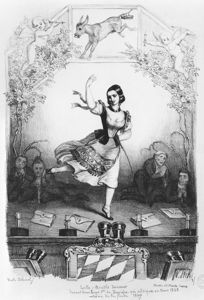 كاريكاتير لولا مونتيس (1821-1861) يرقص أمام الملك لودفيغ الأول ملك بافاريا (1786-1868) c.1847 بواسطة المدرسة الألمانية