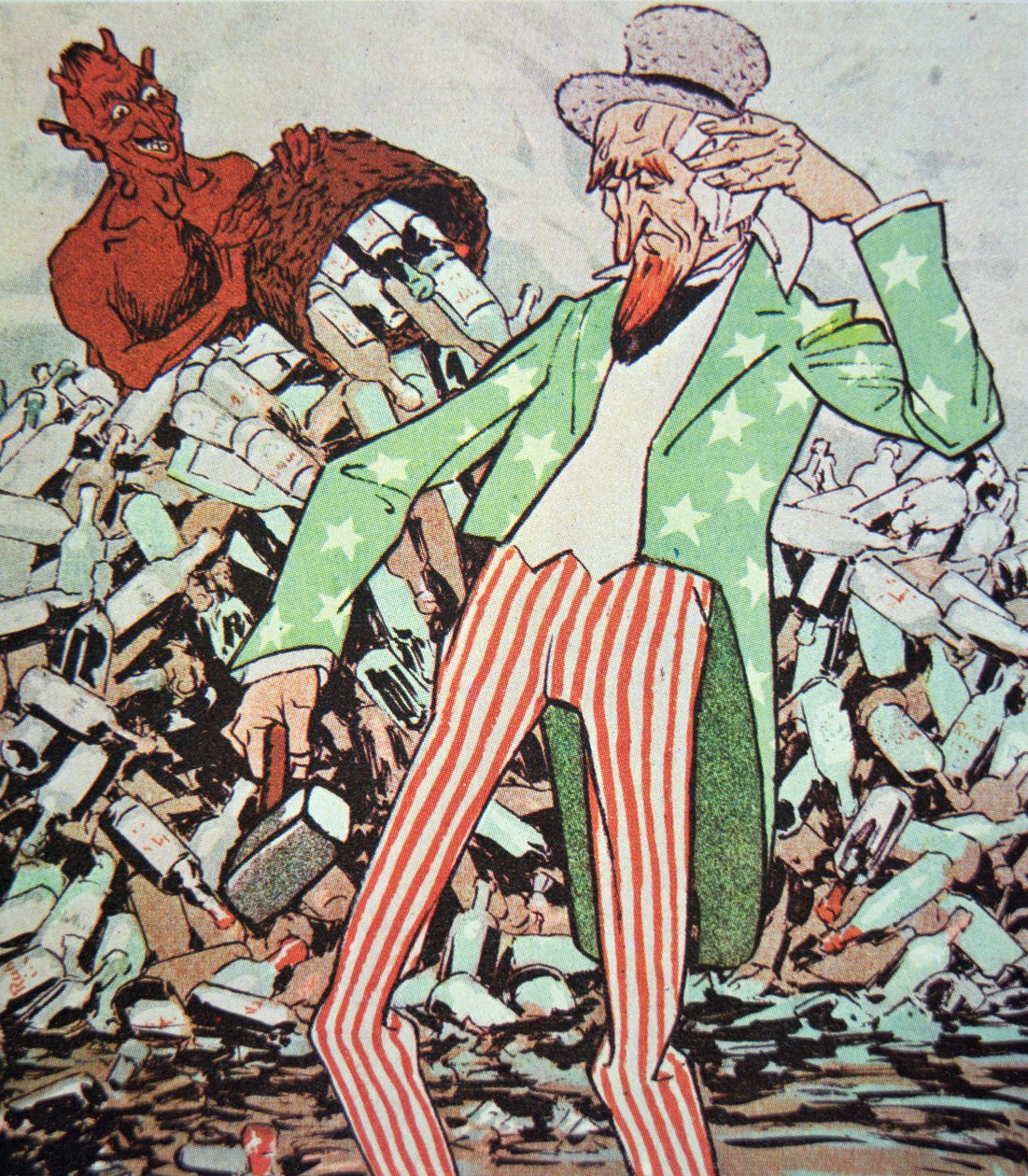 Cartoon showing Uncle Sam exhausted by the flow of bootleg produced by the devil, during the Prohibition era (1920-33) (colour litho) بواسطة المدرسة الألمانية
