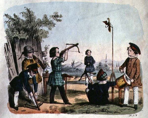 أطفال يطلقون النار على هدف بأركويبوس ، حوالي عام 1860 (نقش ملون) بواسطة المدرسة الألمانية