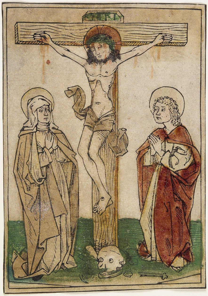المسيح على الصليب مع مريم والقديس يوحنا ، 1470-80 (قطع خشبية ملونة باليد على الرق) بواسطة المدرسة الألمانية