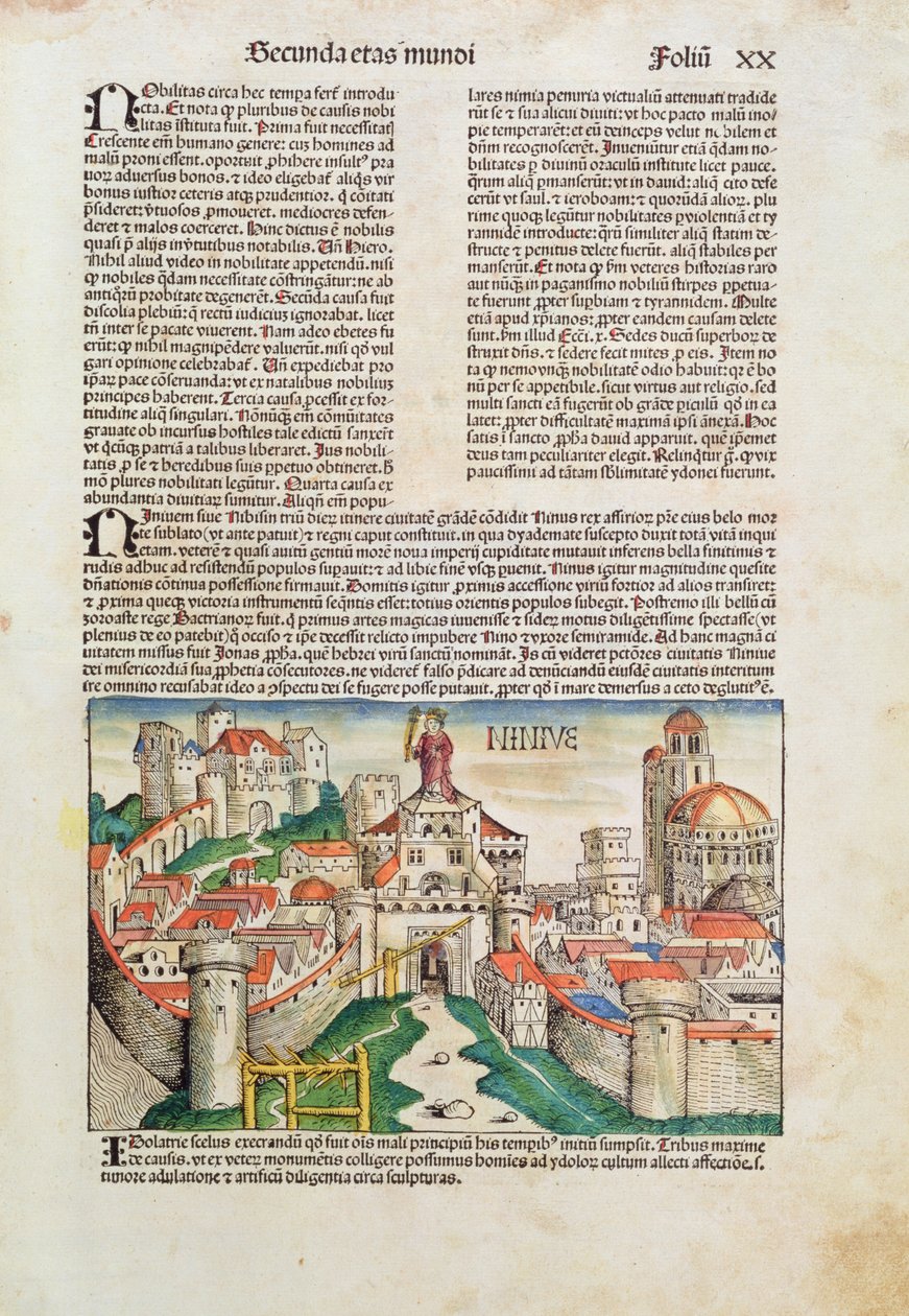 مدينة نينوى ، من "Liber Chronicarum" بواسطة هارتمان شيدل (1440-1514) 1493 (قطع خشبية ملونة) بواسطة المدرسة الألمانية