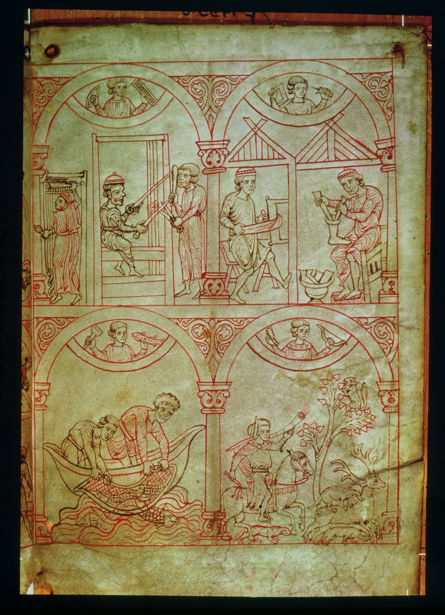 Codex 507 fol.2r Weaver، Shoemaker، Fishermen and Hunter، from Renner Musterbuch، c.1208-18 بواسطة المدرسة الألمانية