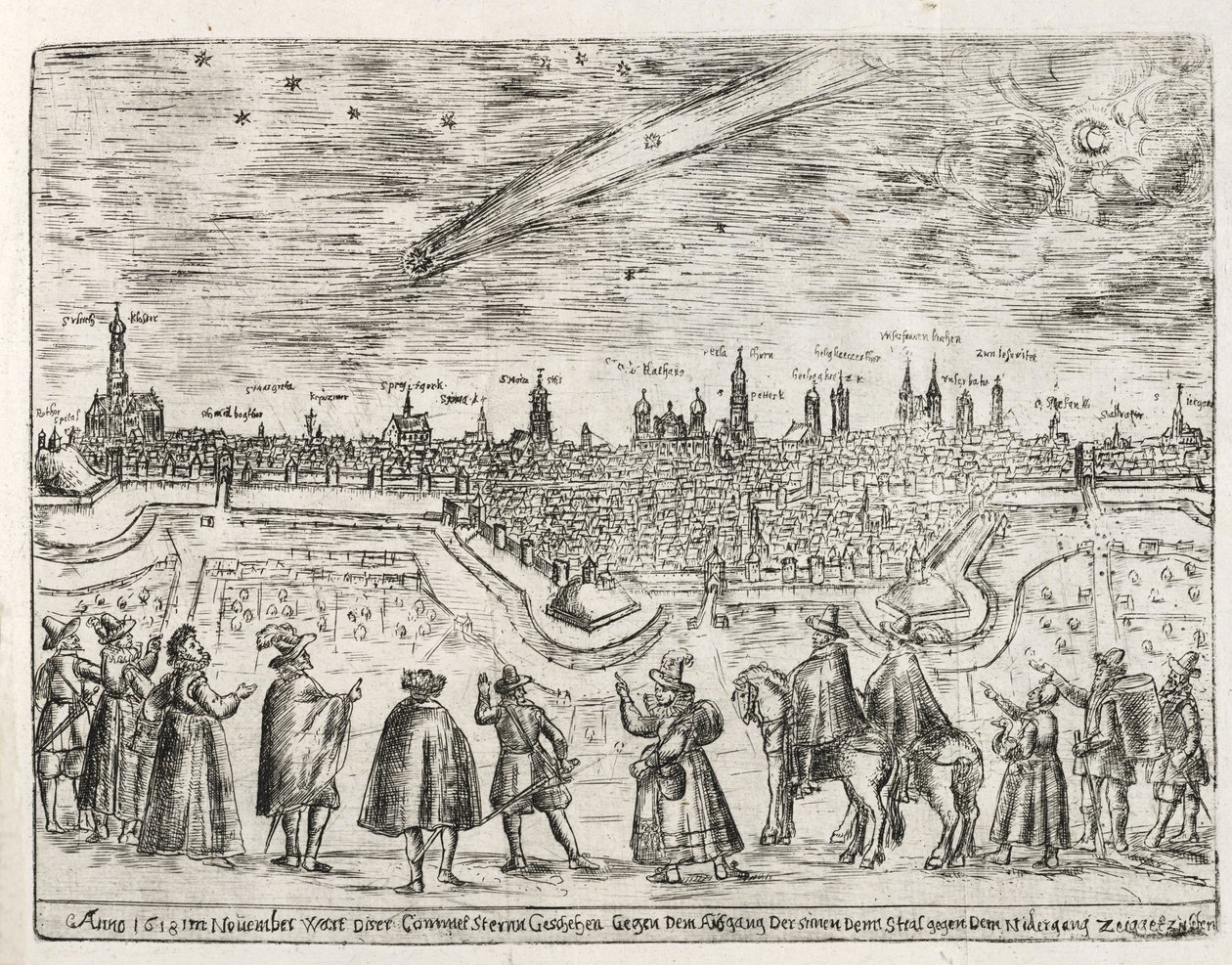 شوهد المذنب في نهاية أوغسبورغ في نوفمبر 1618 ، من Cometen Historia ، الحانة. 1618 بواسطة المدرسة الألمانية