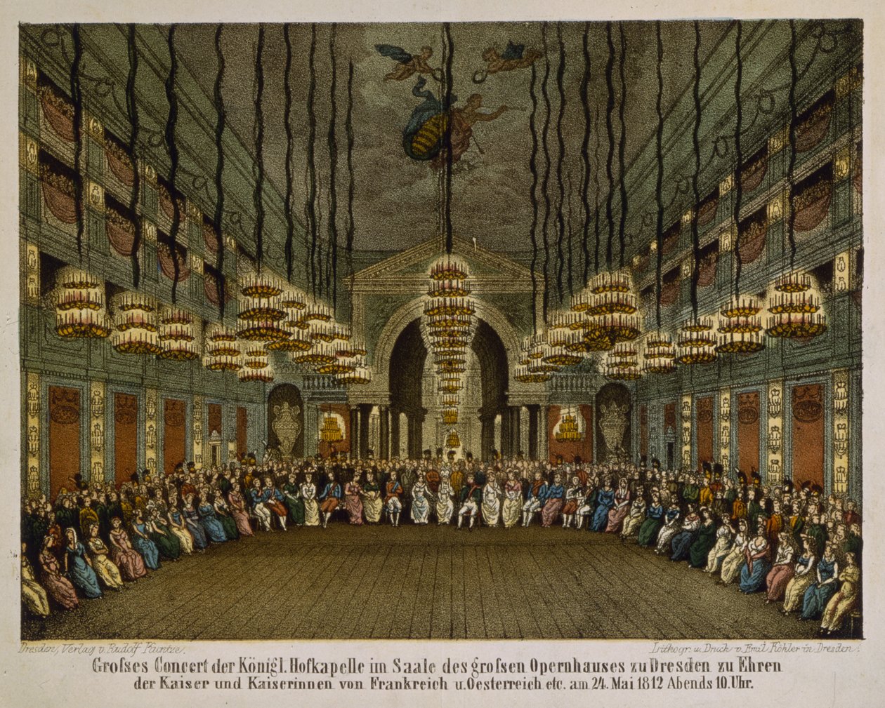حفل الفرقة الملكية في قاعة دار الأوبرا في درسدن تكريما للزوجين الإمبراطوريين ، 1812 (لون ليثو) بواسطة المدرسة الألمانية