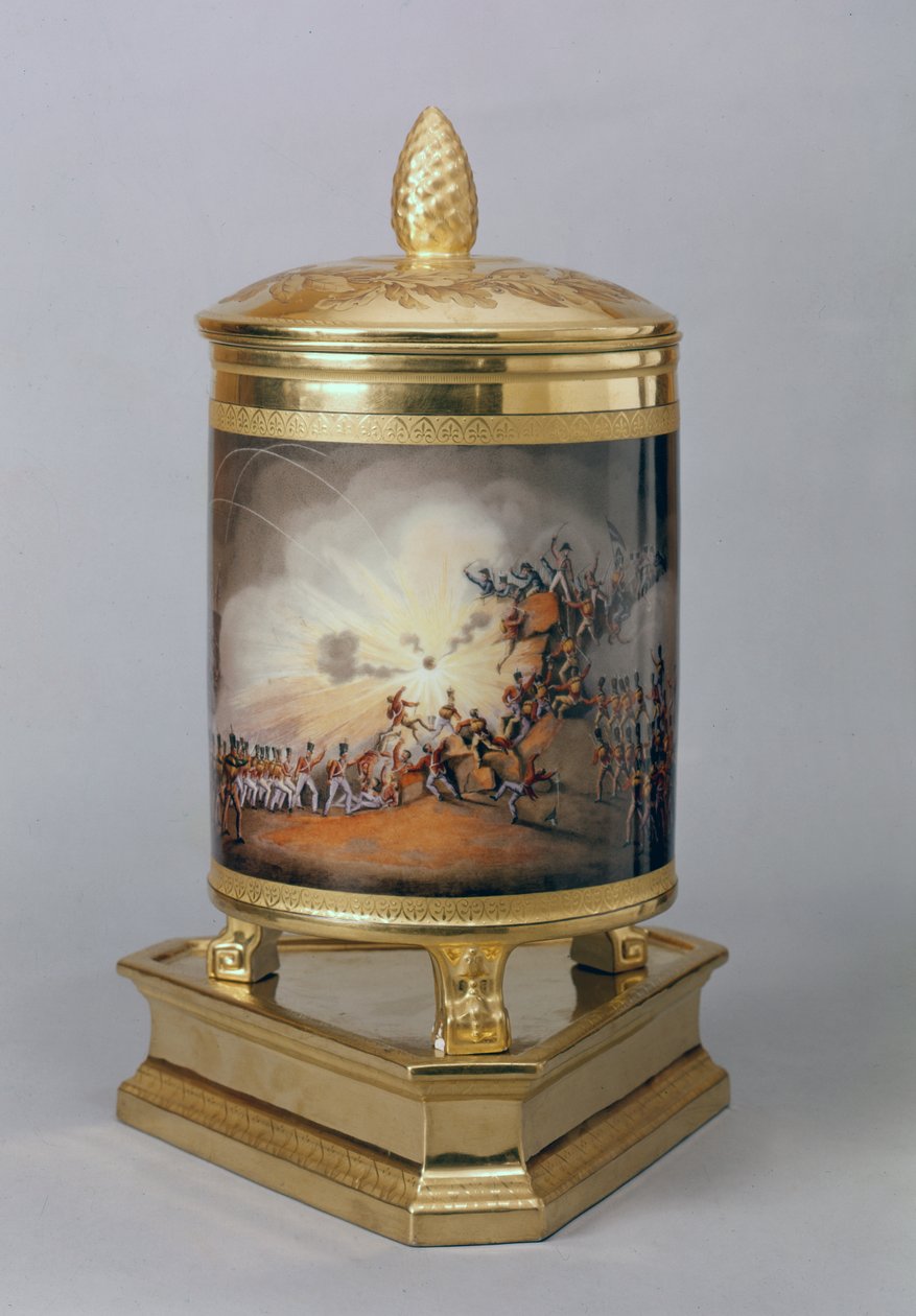 وعاء مغطى يصور اقتحام سيوداد رودريغو ، من خدمة العشاء البروسي ، برلين ، 1816-1919 (البورسلين والذهب) بواسطة المدرسة الألمانية