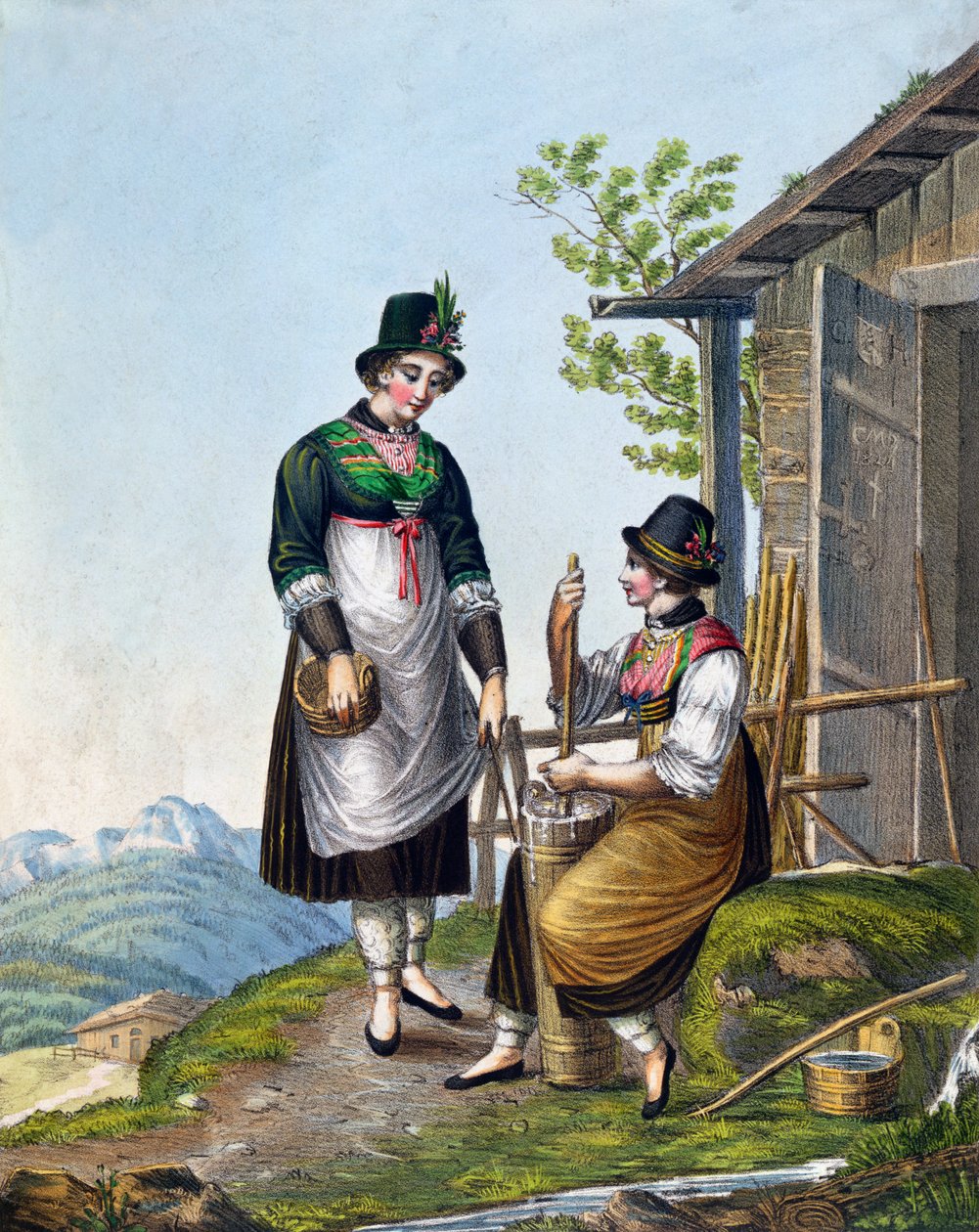 Dairymaids في جبال الألب بالقرب من Tegernsee ، أوائل القرن التاسع عشر (نقش الألوان) بواسطة المدرسة الألمانية