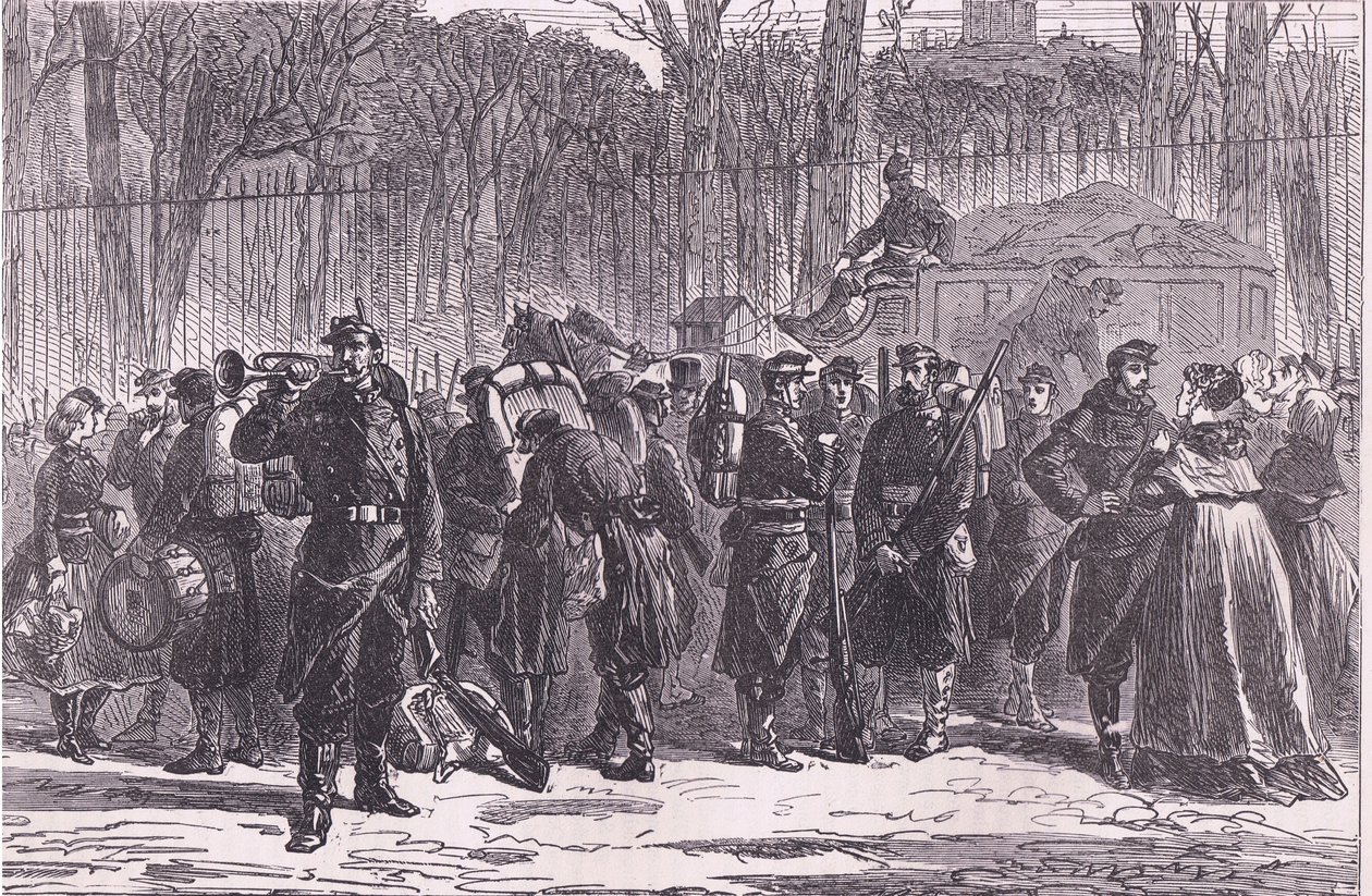 Departure of the Tenth Regiment of National guards to advanced posts, Cassells History of the War between France and Germany published by Cassell and Company Limited, c.1890 (litho) بواسطة المدرسة الألمانية