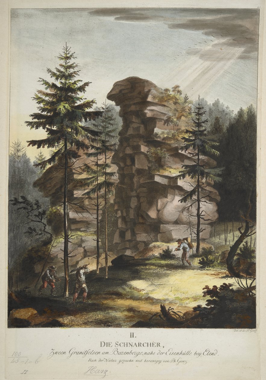 "Der Hübichenstein" ، "أربعة مناظر في غابة Harz" بقلم فيليب غانز ، 1770-90 (حفر ملون يدويًا) بواسطة المدرسة الألمانية