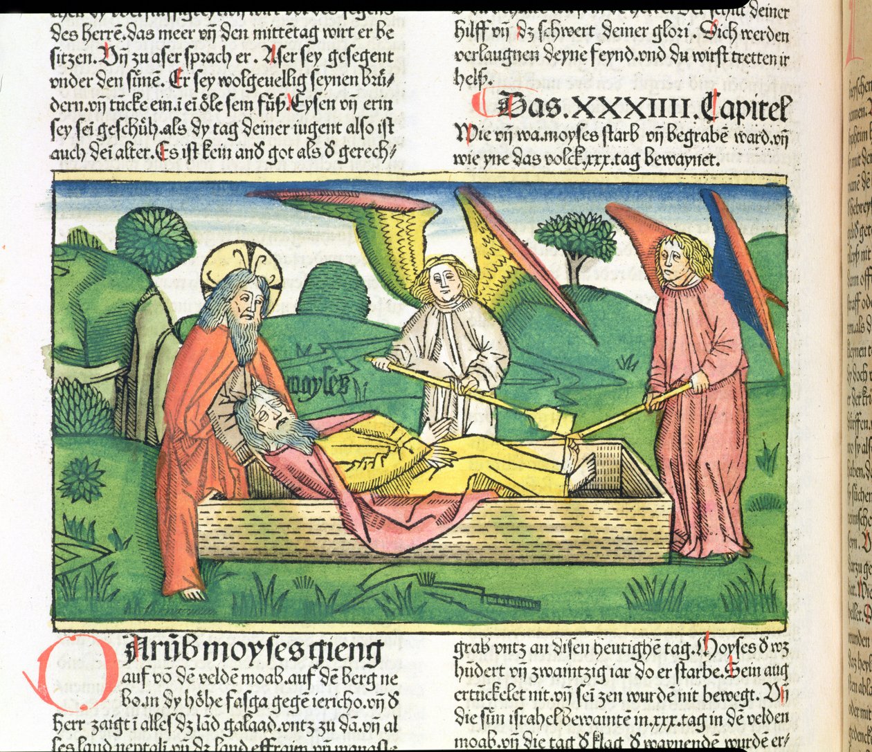 سفر التثنية 34 وفاة موسى ، من الكتاب المقدس نورمبرغ (Biblia Sacra Germanaica) (قطع خشبية ملونة) بواسطة المدرسة الألمانية