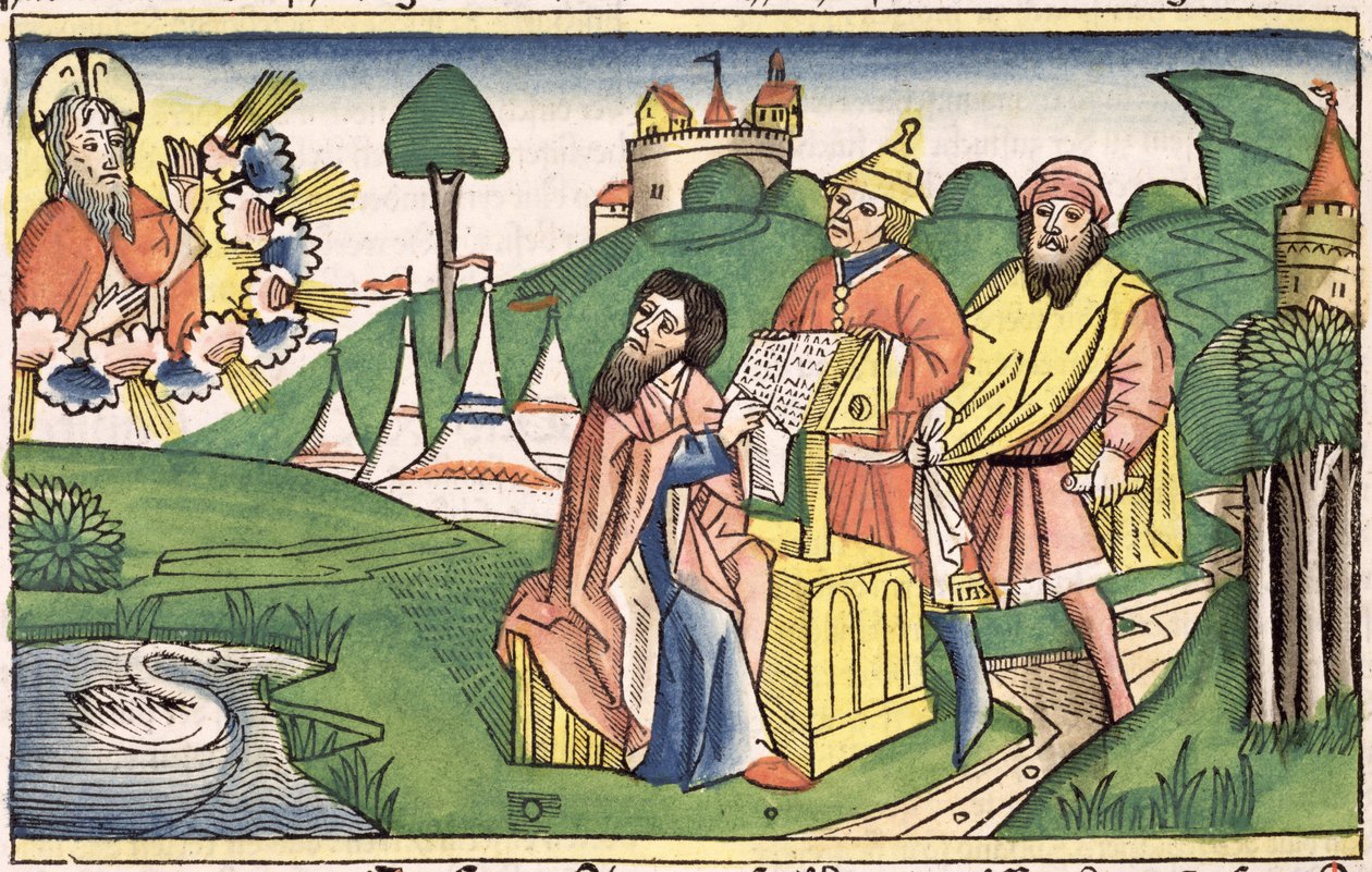 التثنية: صورة في وجه الله يجعل القوانين ، من الكتاب المقدس نورمبرغ (Biblia Sacra Germanaica) (قطع خشبية ملونة) بواسطة المدرسة الألمانية