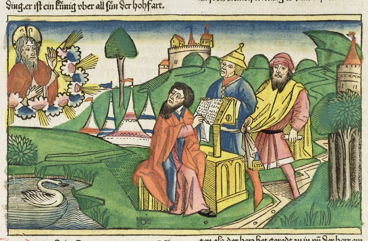 التثنية: صورة في وجه الله يجعل القوانين ، من الكتاب المقدس نورمبرغ (Biblia Sacra Germanaica) (قطع خشبية ملونة) بواسطة المدرسة الألمانية