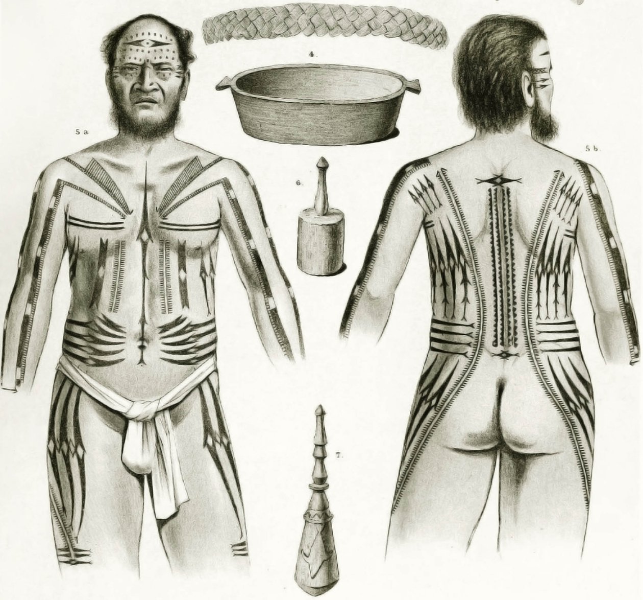 رسم تخطيطي يوضح العديد من القطع الأثرية البولينيزية وتصاميم الوشم ، 1888 بواسطة المدرسة الألمانية