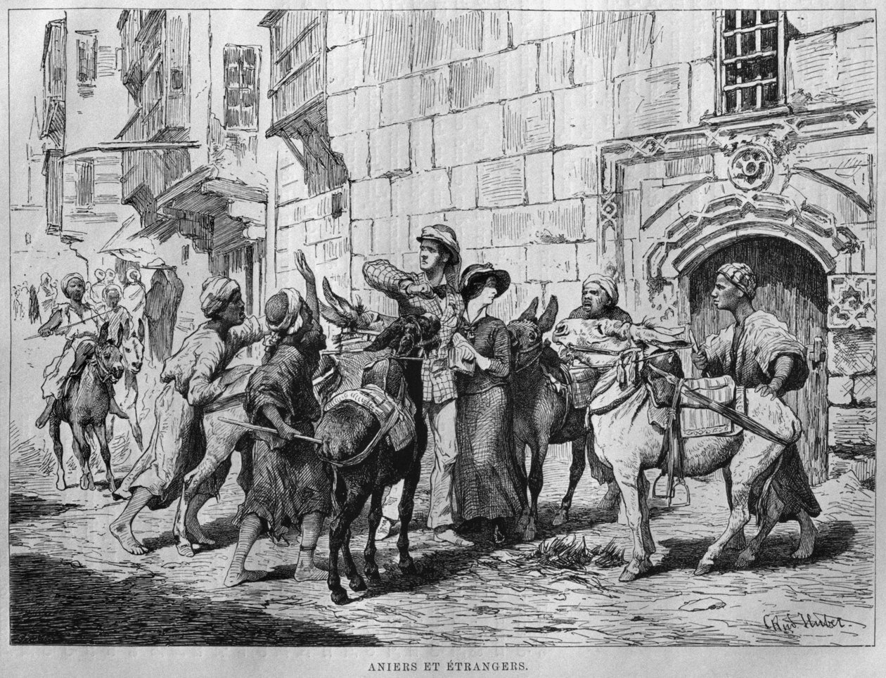 سائقي الحمير والسائحين ، من مصر من جورج موريتز إيبرس (1837-1898) ، 1881 (نقش وزن الجسم) بواسطة المدرسة الألمانية