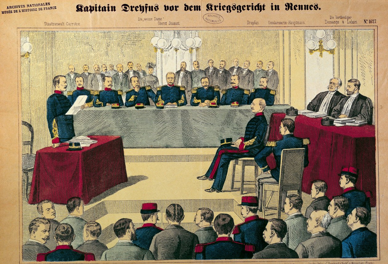 قضية دريفوس: المحاكمة في مراجعة للكابتن دريفوس (1859-1923) رسم توضيحي من الصحافة الألمانية بواسطة المدرسة الألمانية