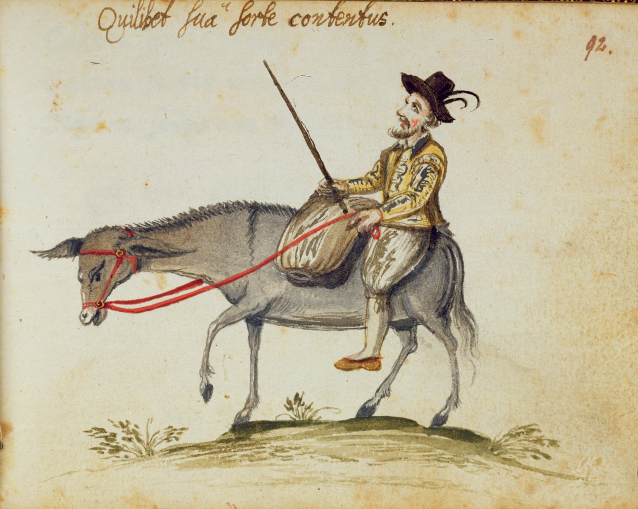 Egerton 1269 f.92 رجل يركب بغل ، من ألبوم Amicorum ، بواسطة Moyses Walens ، كولونيا بواسطة المدرسة الألمانية