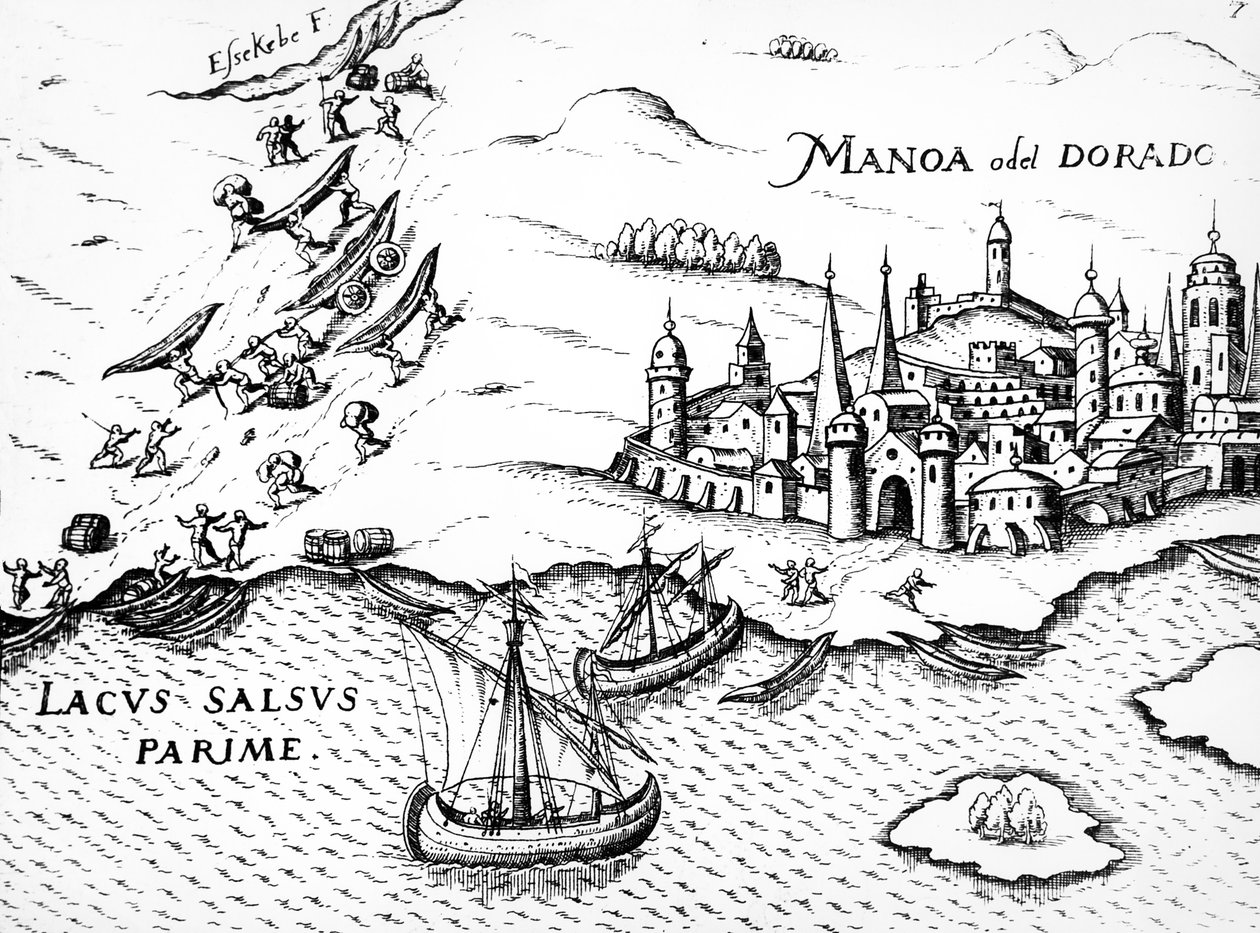 الدورادو ، رسم توضيحي من Regni Guianae ، بقلم ج. رالي ، 1594-96 بواسطة المدرسة الألمانية