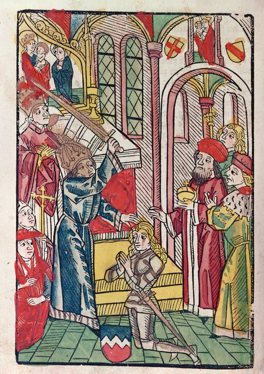 الإمبراطور سيجيسموند (1367-1437) من لوكسمبورغ يطلق على فارس (قطع خشبية ملونة) بواسطة المدرسة الألمانية