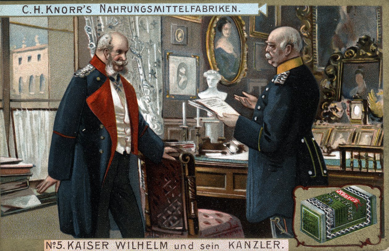 يناقش إمبراطور ألمانيا وبروسيا ويليام الأول (1797-1888) والمستشار أوتو فون بسمارك (1815-1898) القضايا السياسية. الطباعة الحجرية الملونة ، أواخر القرن التاسع عشر. بواسطة المدرسة الألمانية