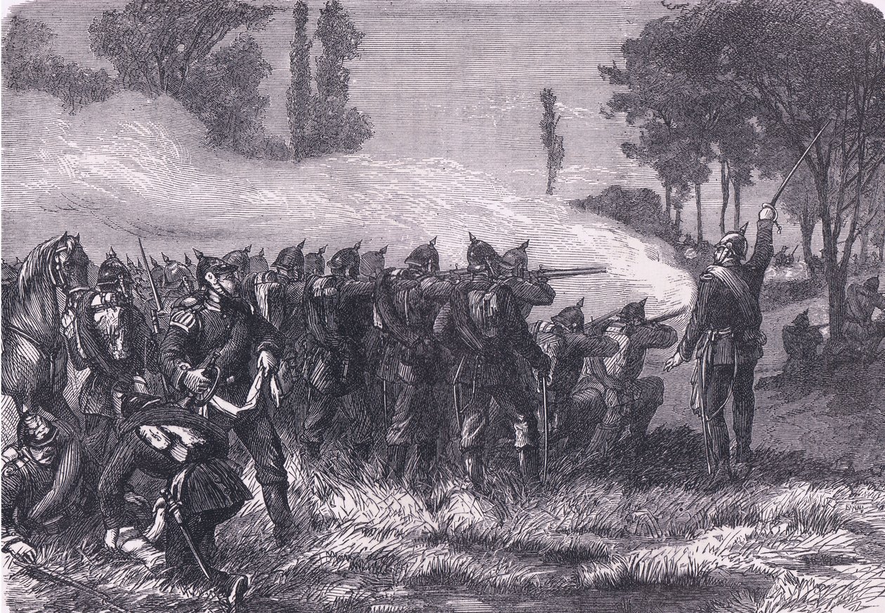 لقاء في الغابة قبل Metz ، Cassells History of the War بين فرنسا وألمانيا الذي نشرته Cassell and Company Limited ، c1890 (litho) بواسطة المدرسة الألمانية
