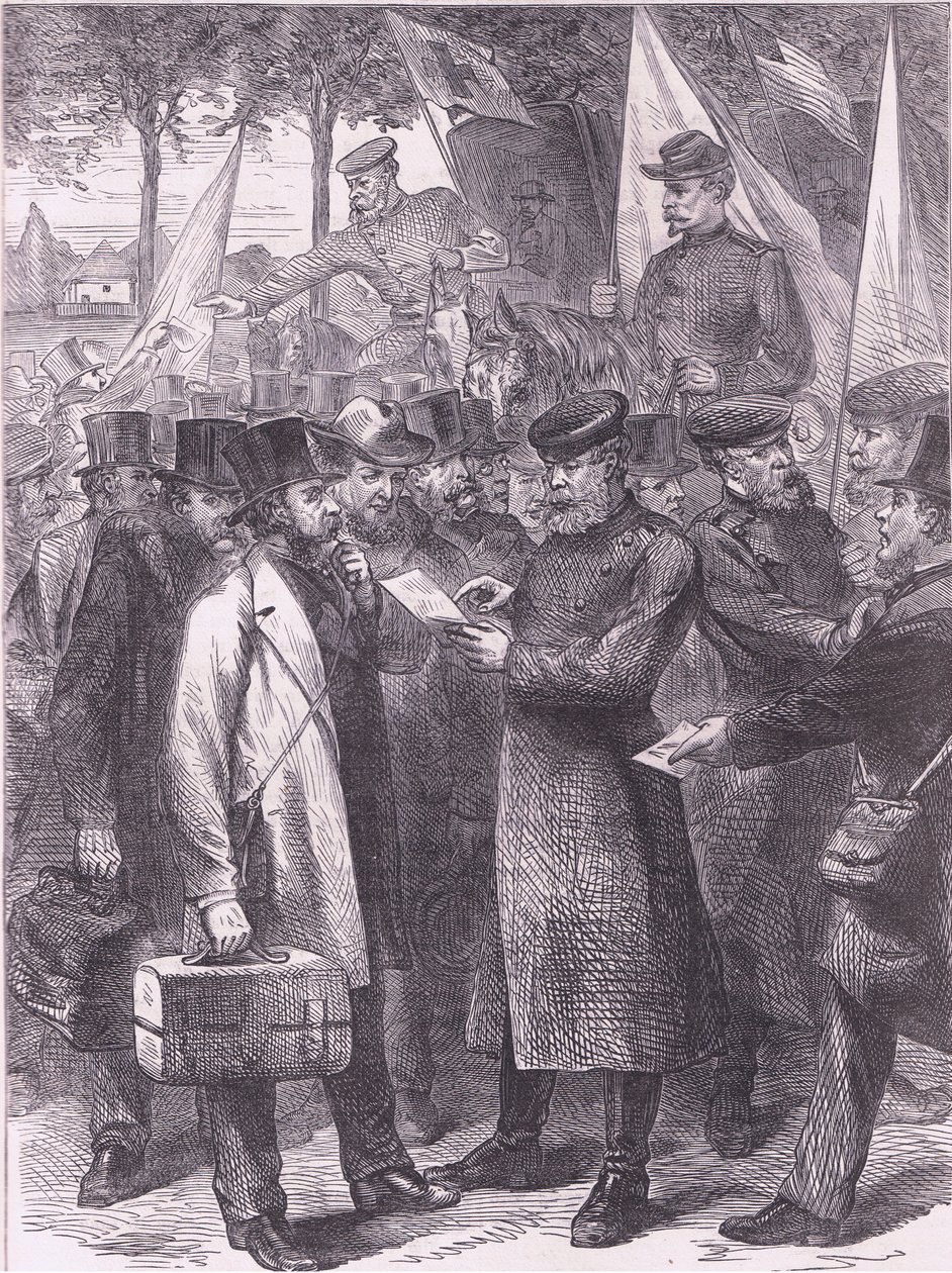 English residents leaving Paris, Cassells History of the War between France and Germany published by Cassell and Company Limited, c.1890 (litho) بواسطة المدرسة الألمانية