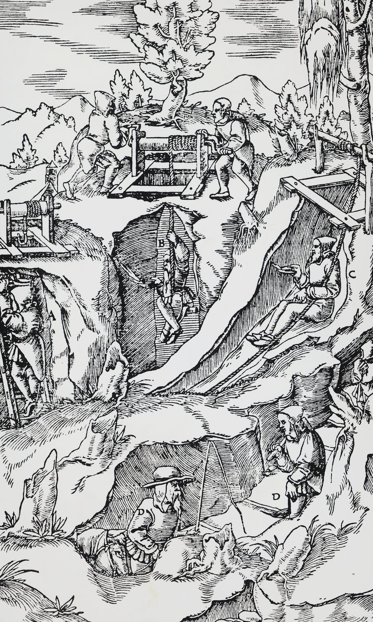 Engraving from De re metallica (On the nature of metals), by Georg Pawer or Georgius Agricola (1494-1555), published in Basel بواسطة المدرسة الألمانية