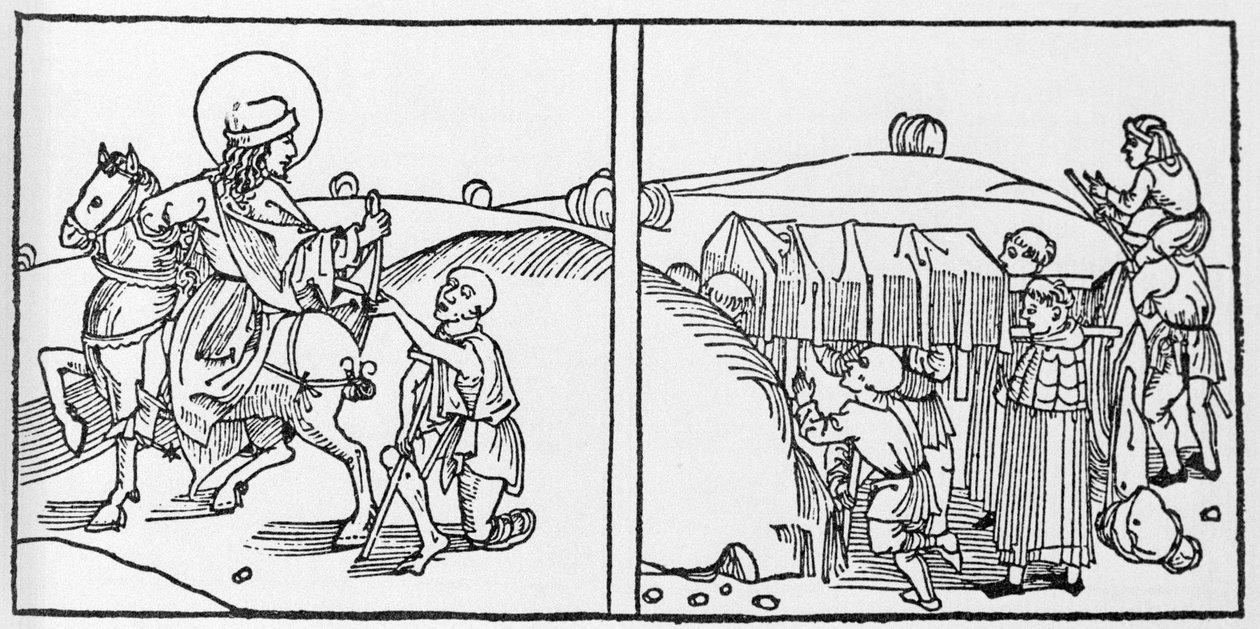 حلقات من حياة القديس مارتن. نقش من "Leben der Heiligen - sommerteil" (كتاب القديس) ليعقوب (جيمس) من Voragine (1228-1298). لوبيك 1488. بواسطة المدرسة الألمانية