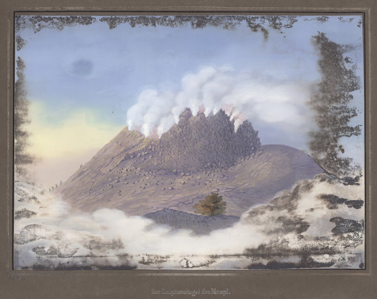 ثوران في بركان ميرابي مع إطلالة على الطرف الشرقي للحفرة ، نوفمبر 1836 ، pl.VI من الأطلس الطبوغرافي والعلمي للرحلة عبر جافا ، للدكتور د. السيدة Junghuhn ، Magdebu بواسطة المدرسة الألمانية